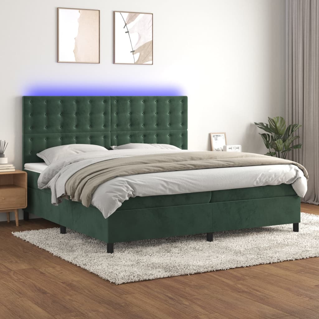 vidaXL Pat cu arcuri, saltea și LED, verde închis, 200x200 cm, catifea vidaXL Pat cu arcuri, saltea și LED, verde închis, 200x200 cm, catifea
