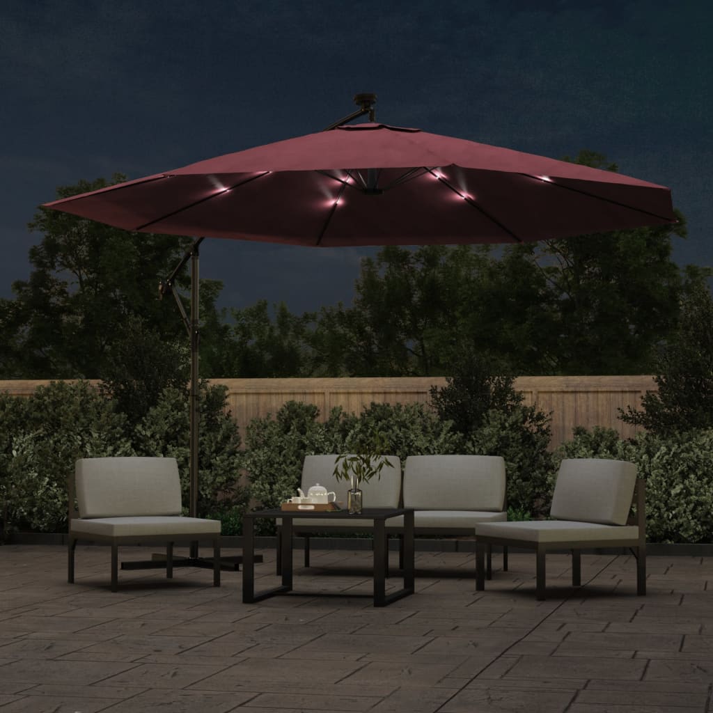vidaXL Umbrelă în consolă de grădină cu LED-uri, roșu bordo, 350 cm