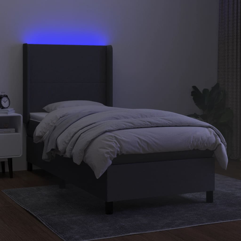 vidaXL Pat cu arcuri, saltea și LED, gri închis, 90x200 cm, textil