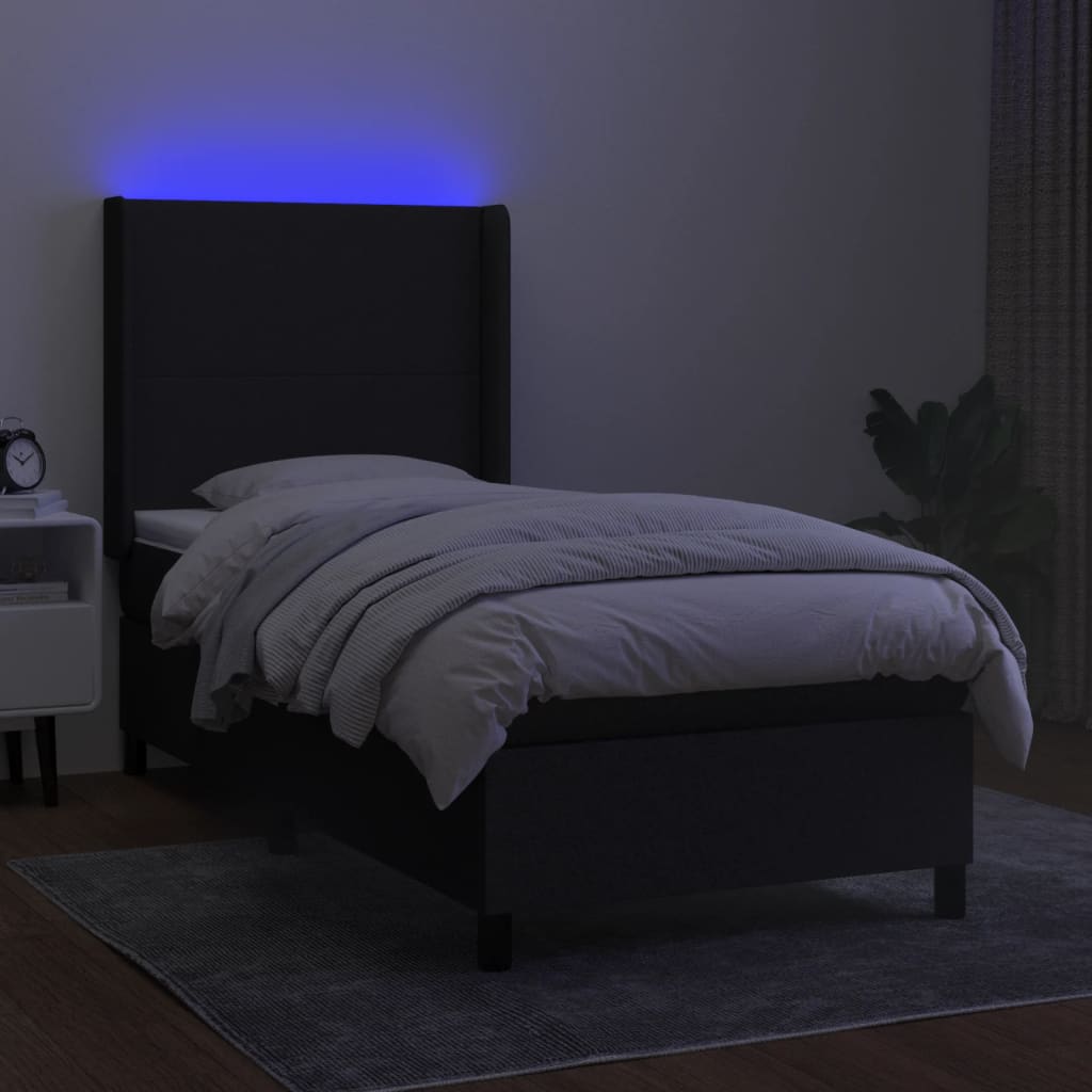 vidaXL Pat cu arcuri, saltea și LED, negru, 90x200 cm, textil