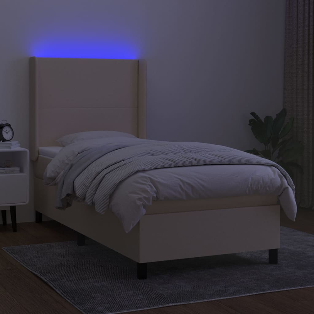 vidaXL Pat cu arcuri, saltea și LED, crem, 90x200 cm, textil