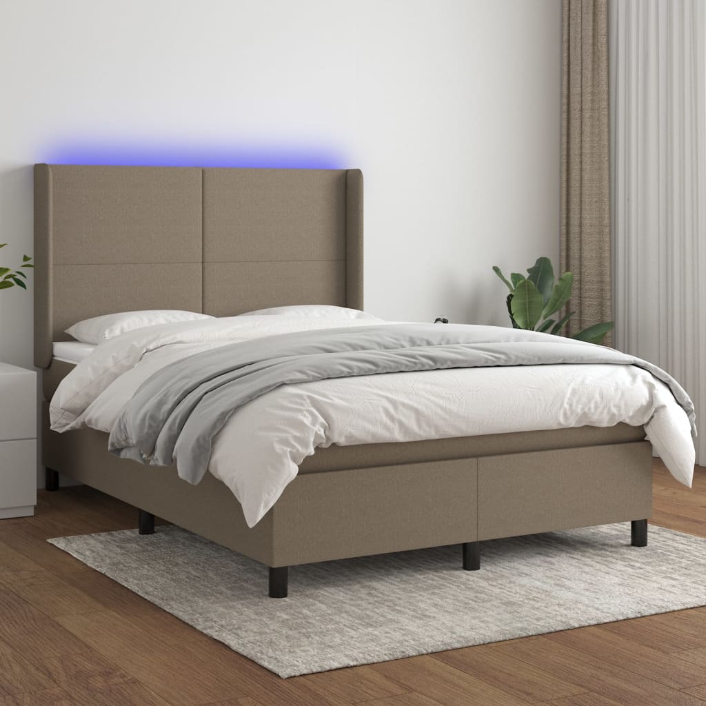vidaXL Pat cu arcuri, saltea și LED, gri taupe, 140x190 cm, textil vidaXL Pat cu arcuri, saltea și LED, gri taupe, 140x190 cm, textil