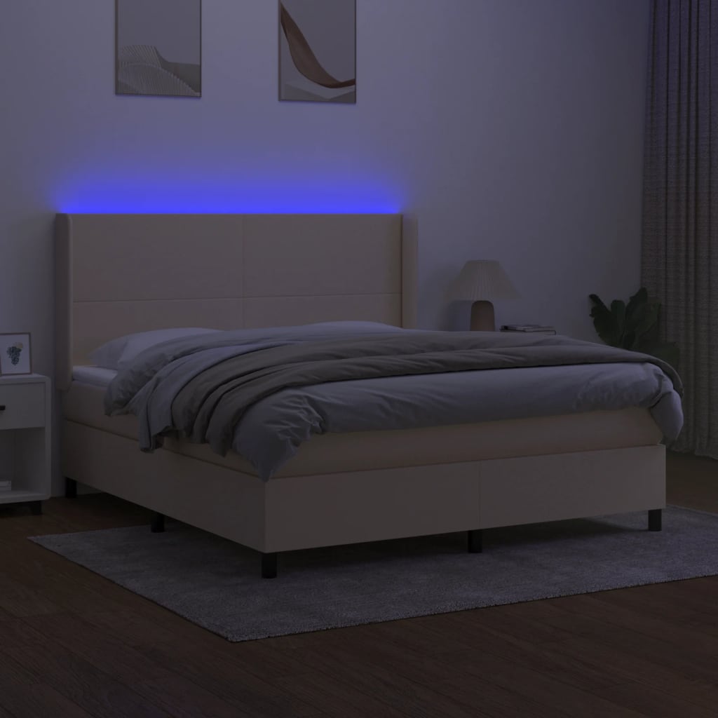 vidaXL Pat cu arcuri, saltea și LED, crem, 180x200 cm, textil vidaXL Pat cu arcuri, saltea și LED, crem, 180x200 cm, textil