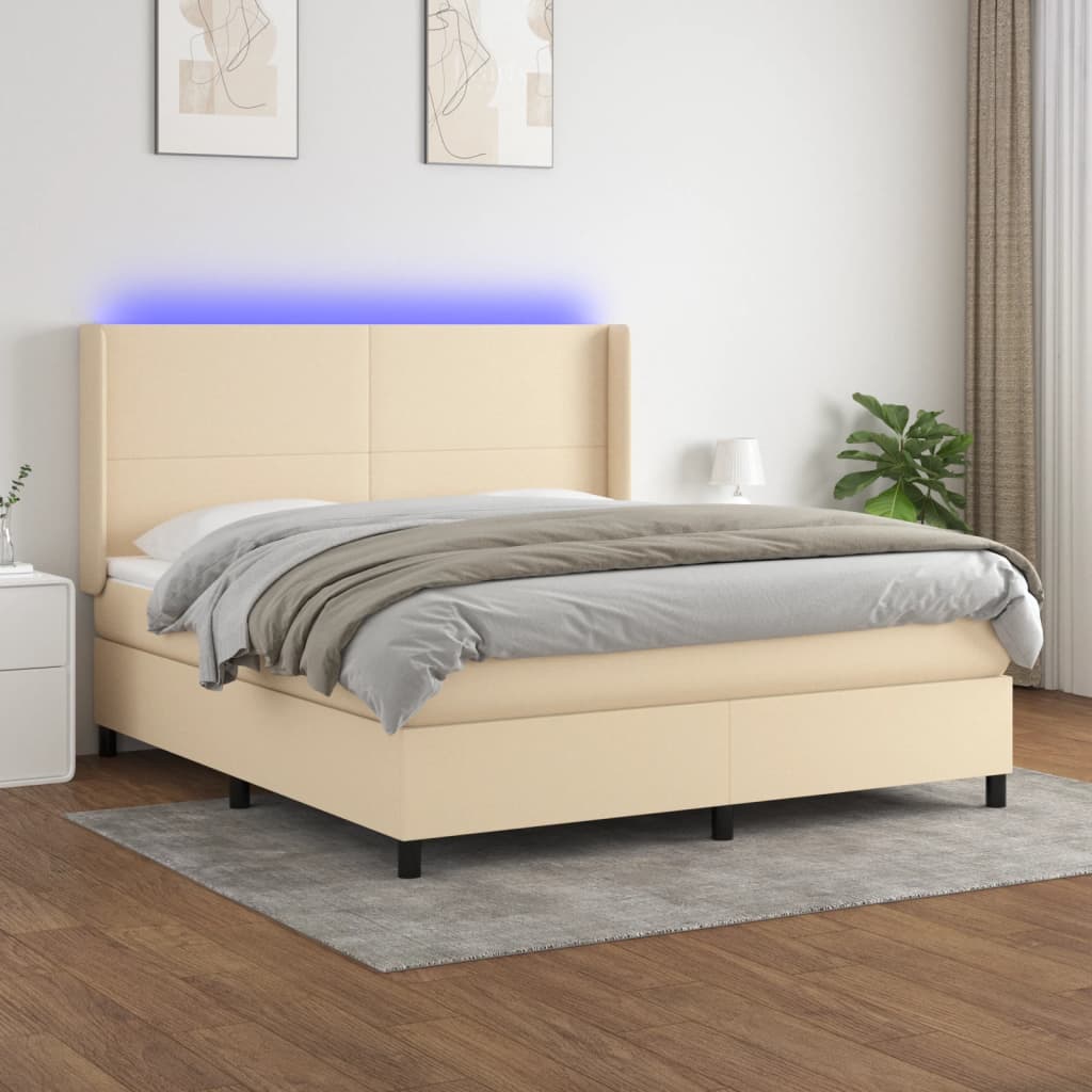 vidaXL Pat cu arcuri, saltea și LED, crem, 180x200 cm, textil vidaXL Pat cu arcuri, saltea și LED, crem, 180x200 cm, textil