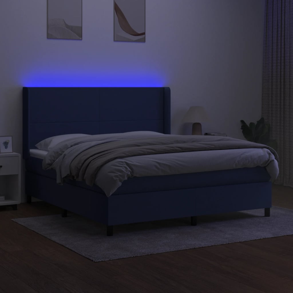 vidaXL Pat cu arcuri, saltea și LED, albastru, 180x200 cm, textil