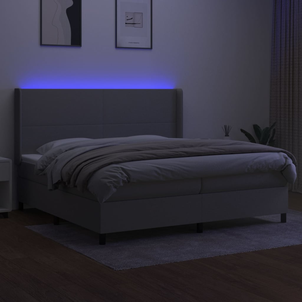 vidaXL Pat cu arcuri, saltea și LED, gri deschis, 200x200 cm, textil