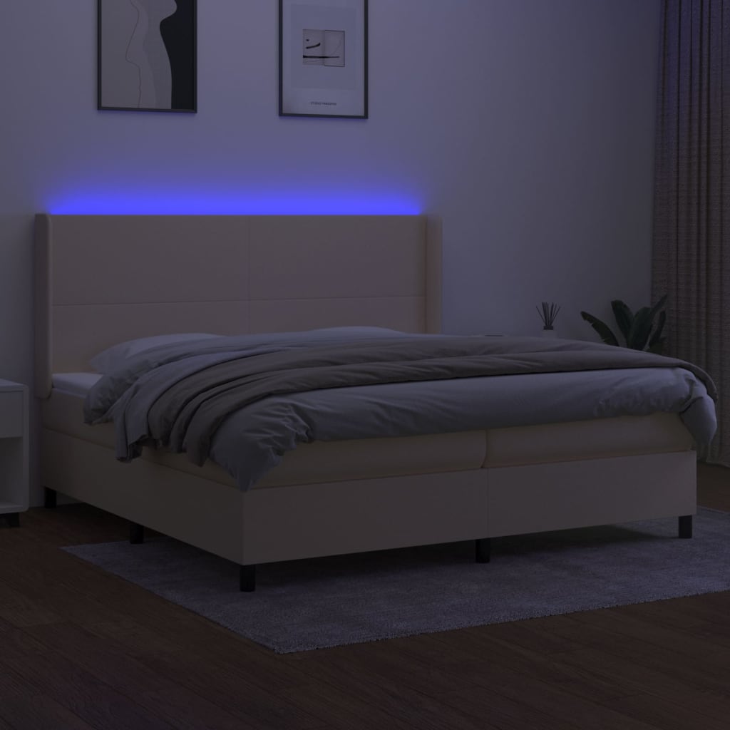 vidaXL Pat cu arcuri, saltea și LED, crem, 200x200 cm, textil