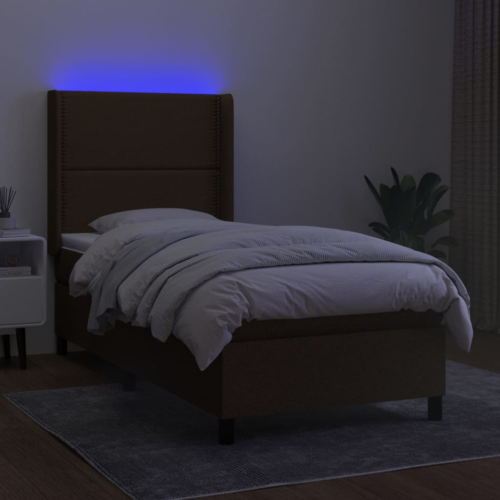 vidaXL Pat cu arcuri, saltea și LED, maro închis, 90x190 cm, textil