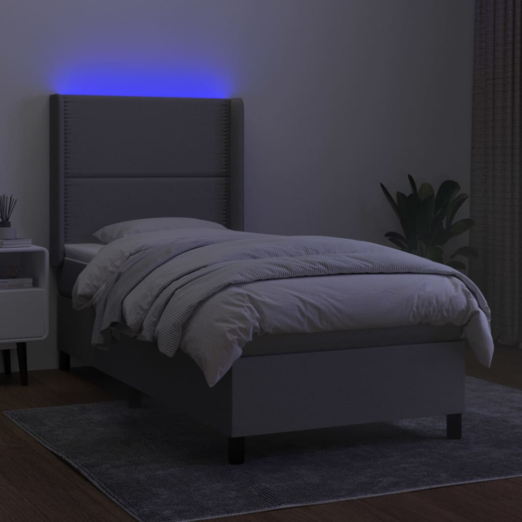 vidaXL Pat cu arcuri, saltea și LED, gri deschis, 90x200 cm, textil