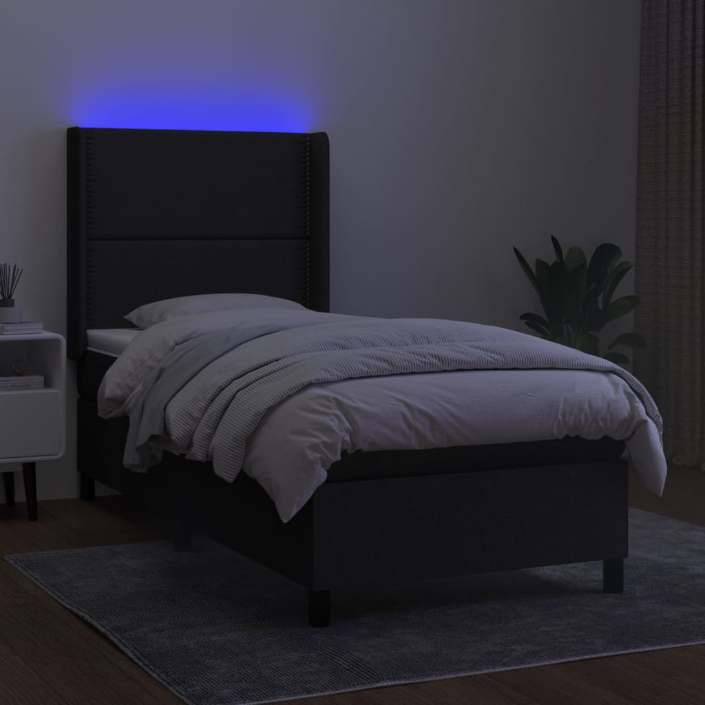 vidaXL Pat cu arcuri, saltea și LED, negru, 90x200 cm, textil