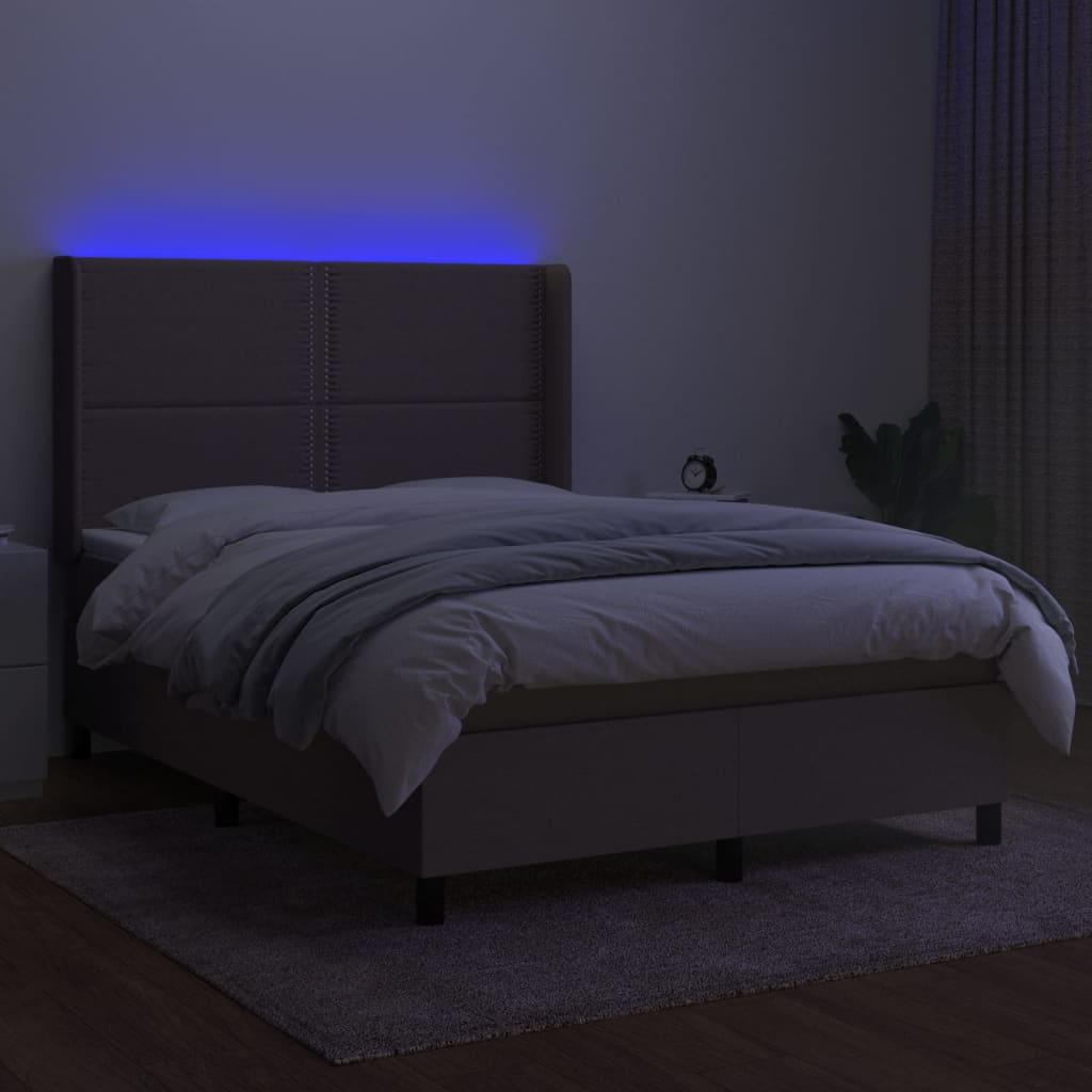 vidaXL Pat cu arcuri, saltea și LED, gri taupe, 140x190 cm, textil
