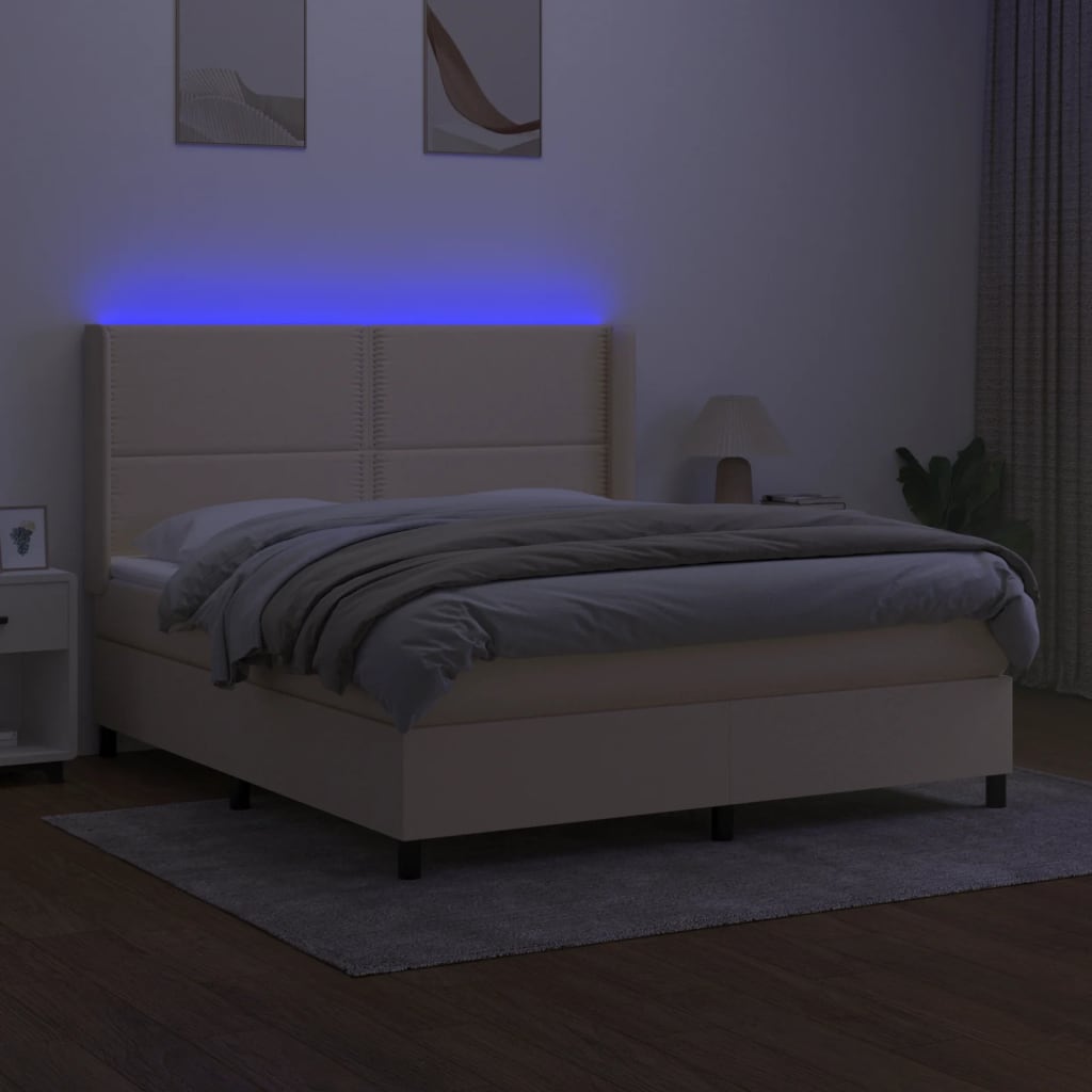vidaXL Pat cu arcuri, saltea și LED, crem, 180x200 cm, textil