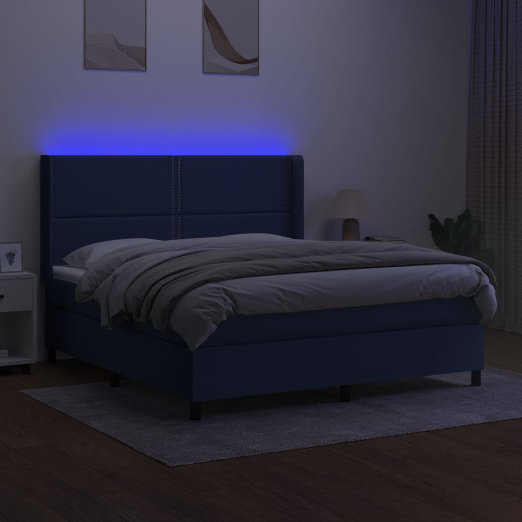 vidaXL Pat cu arcuri, saltea și LED, albastru, 180x200 cm, textil