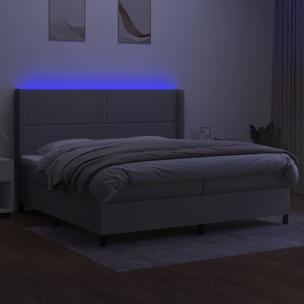 vidaXL Pat cu arcuri, saltea și LED, gri deschis, 200x200 cm, textil