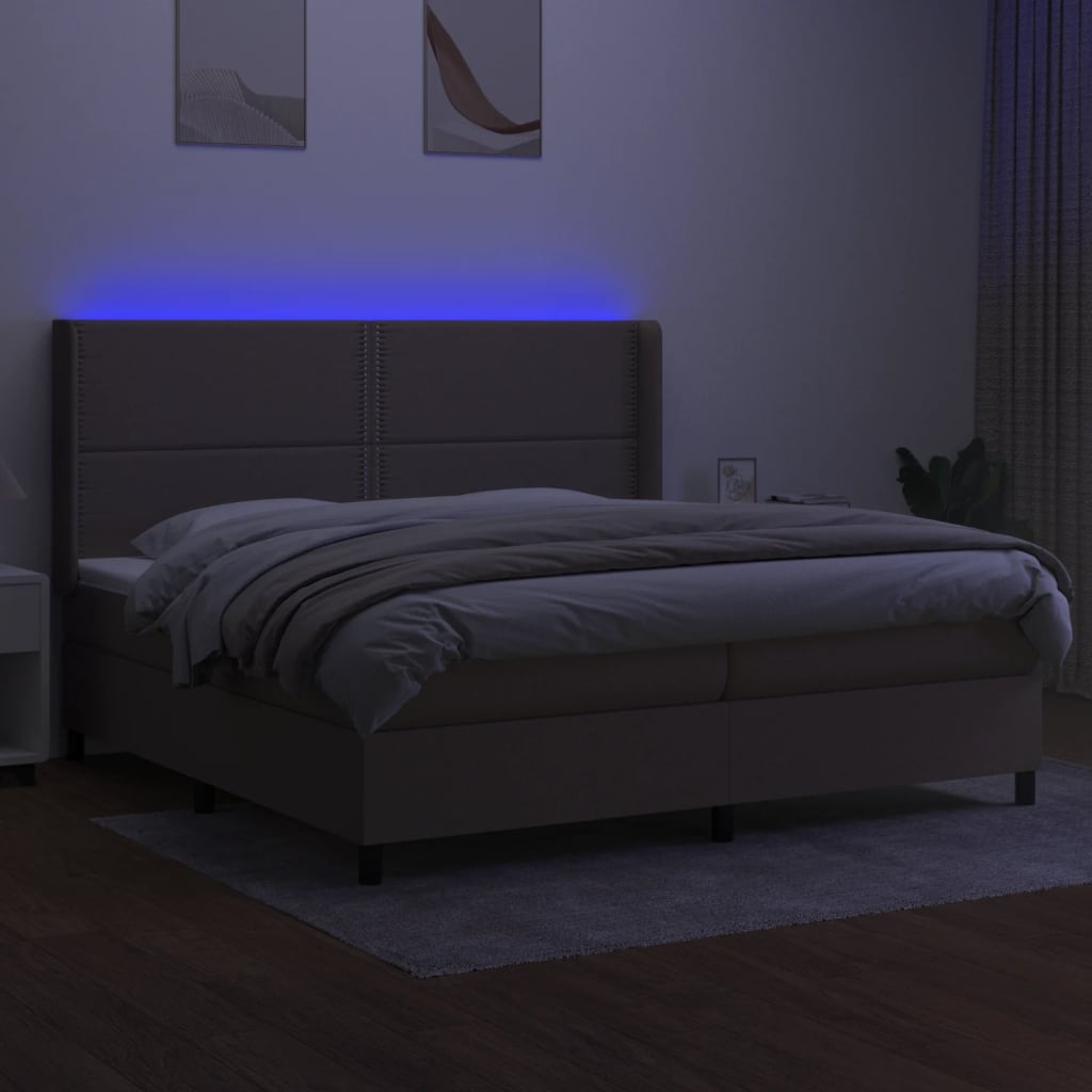 vidaXL Pat cu arcuri, saltea și LED, gri taupe, 200x200 cm, textil