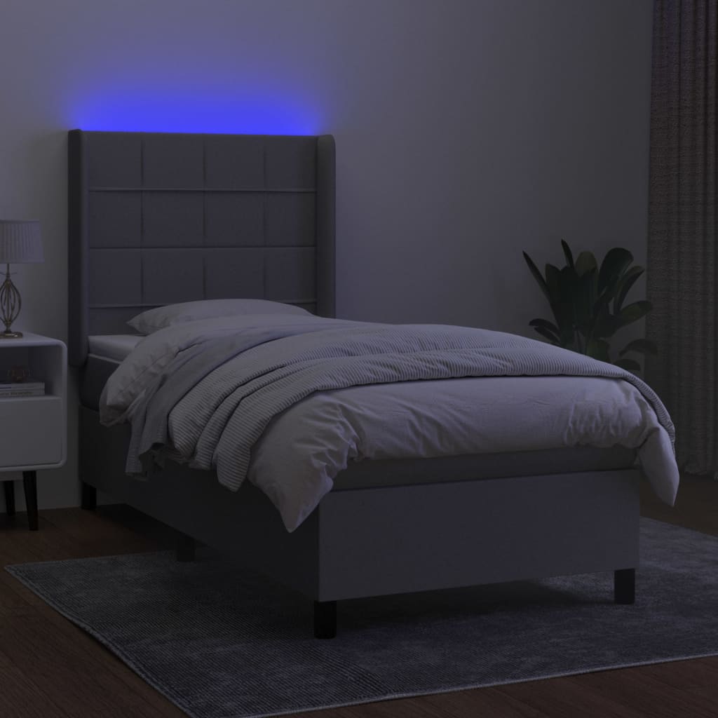 vidaXL Pat cu arcuri, saltea și LED, gri deschis, 90x200 cm, textil