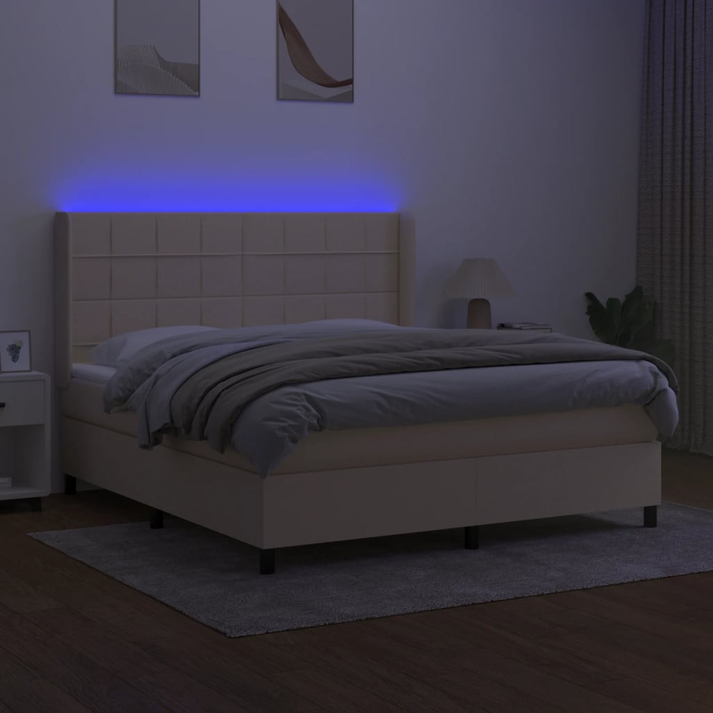 vidaXL Pat cu arcuri, saltea și LED, crem, 160x200 cm, textil