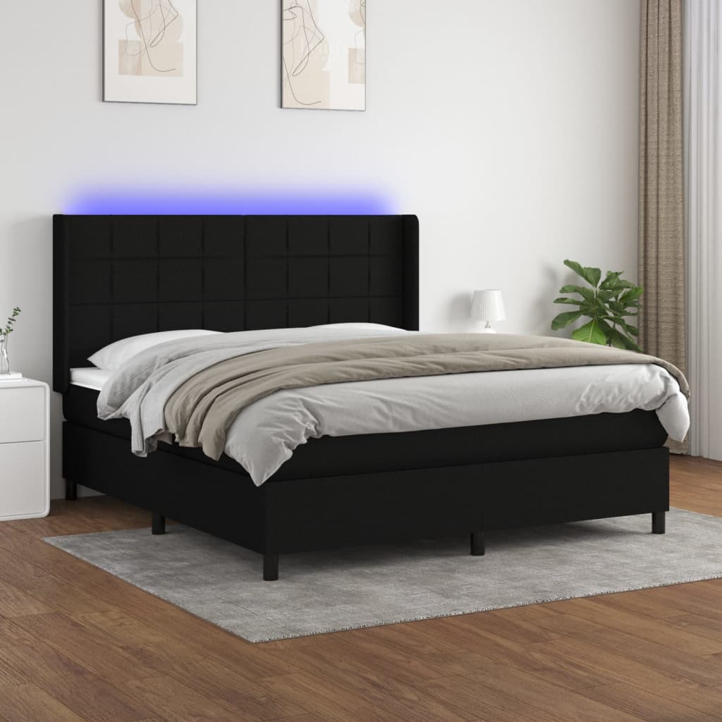 vidaXL Pat cu arcuri, saltea și LED, negru, 180x200 cm, textil vidaXL Pat cu arcuri, saltea și LED, negru, 180x200 cm, textil