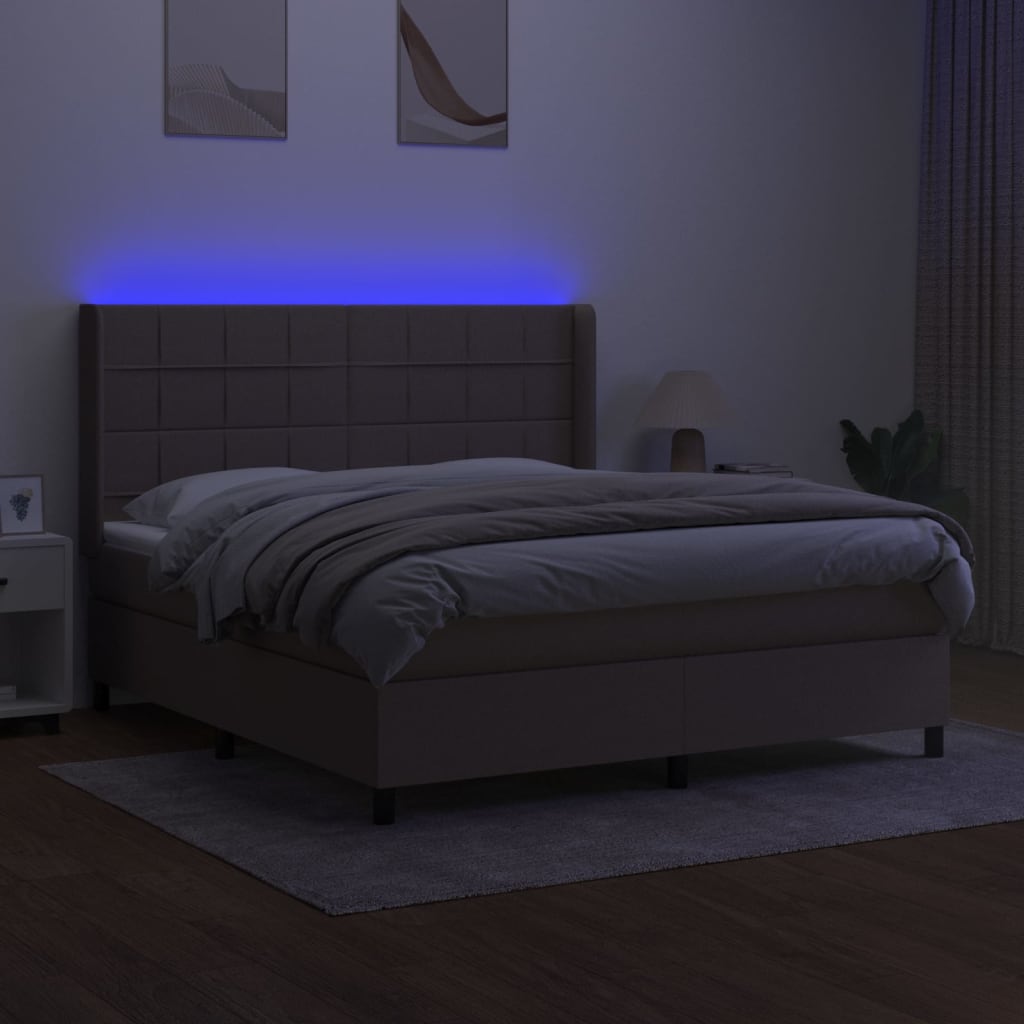 vidaXL Pat cu arcuri, saltea și LED, gri taupe, 180x200 cm, textil