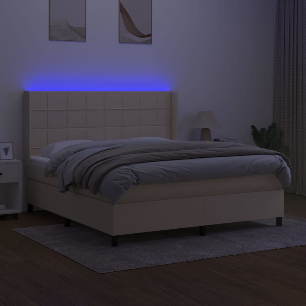 vidaXL Pat cu arcuri, saltea și LED, crem, 180x200 cm, textil