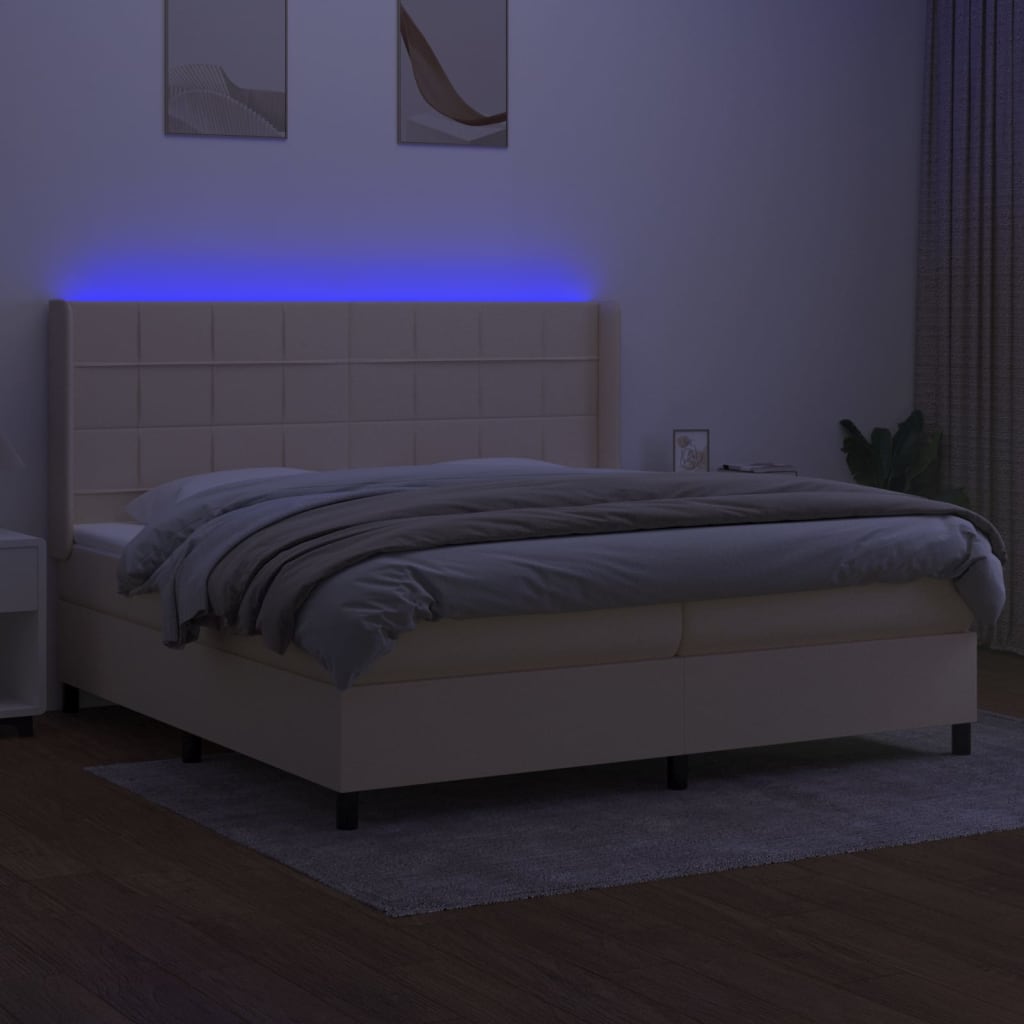 vidaXL Pat cu arcuri, saltea și LED, crem, 200x200 cm, textil