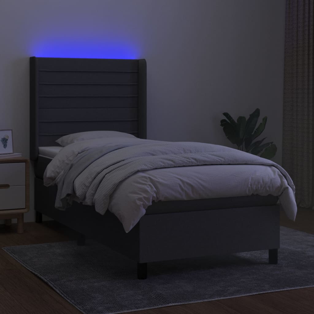 vidaXL Pat cu arcuri, saltea și LED, gri închis, 90x190 cm, textil