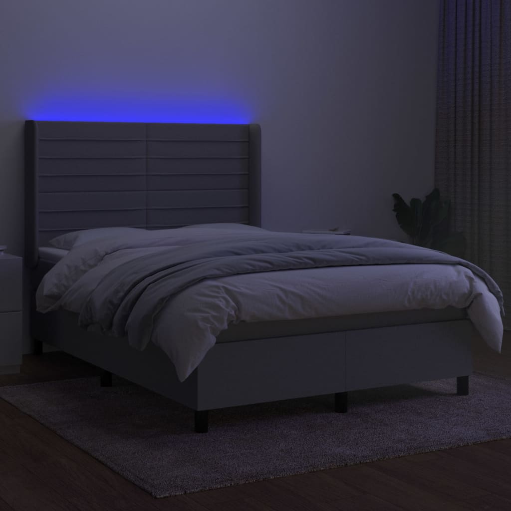 vidaXL Pat cu arcuri, saltea și LED, gri deschis, 140x200 cm, textil