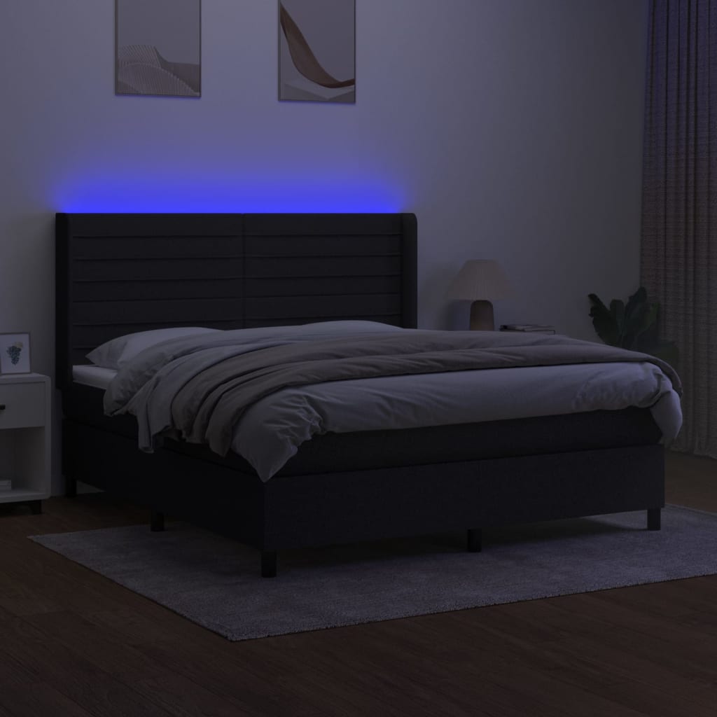 vidaXL Pat cu arcuri, saltea și LED, negru, 180x200 cm, textil