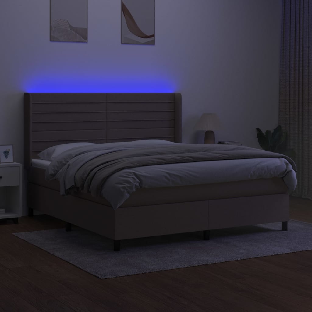 vidaXL Pat cu arcuri, saltea și LED, gri taupe, 180x200 cm, textil