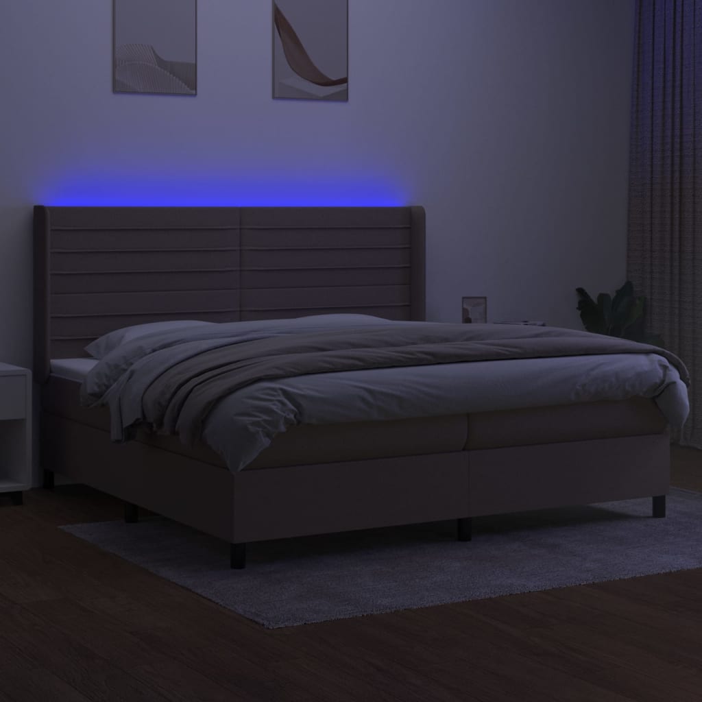 vidaXL Pat cu arcuri, saltea și LED, gri taupe, 200x200 cm, textil