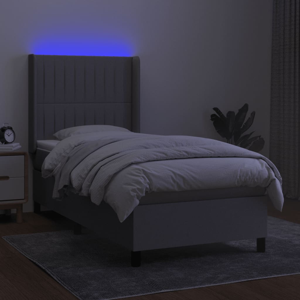 vidaXL Pat cu arcuri, saltea și LED, gri deschis, 90x200 cm, textil
