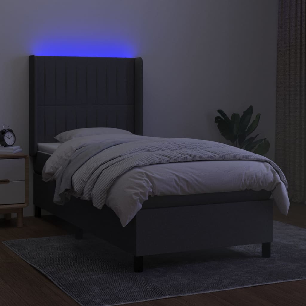 vidaXL Pat cu arcuri, saltea și LED, gri închis, 90x200 cm, textil