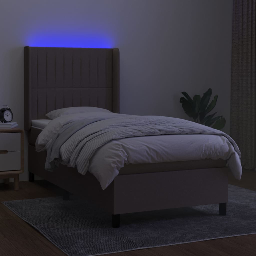vidaXL Pat cu arcuri, saltea și LED, gri taupe, 90x200 cm, textil