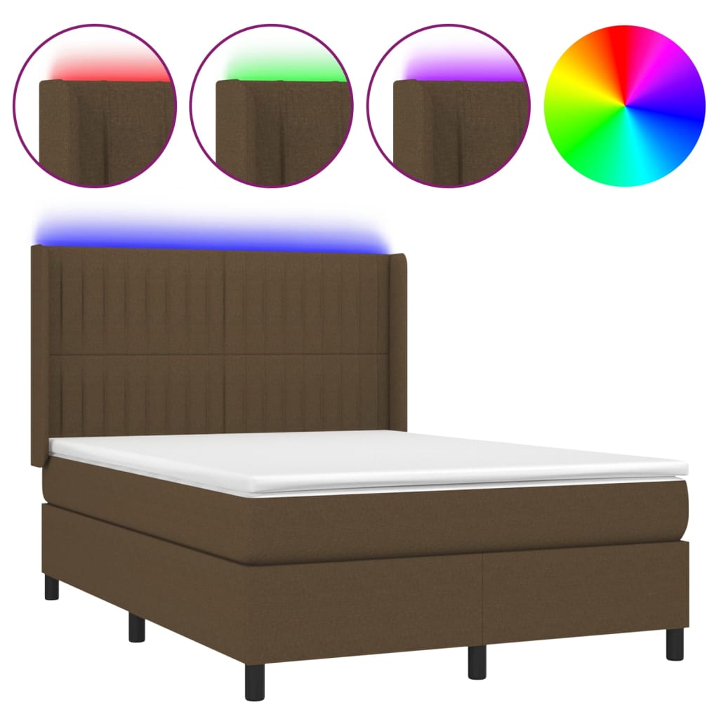 vidaXL Pat cu arcuri, saltea și LED, maro închis, 140x190 cm, textil vidaXL Pat cu arcuri, saltea și LED, maro închis, 140x190 cm, textil