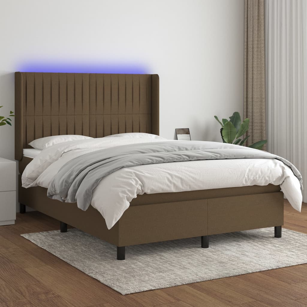 vidaXL Pat cu arcuri, saltea și LED, maro închis, 140x190 cm, textil vidaXL Pat cu arcuri, saltea și LED, maro închis, 140x190 cm, textil