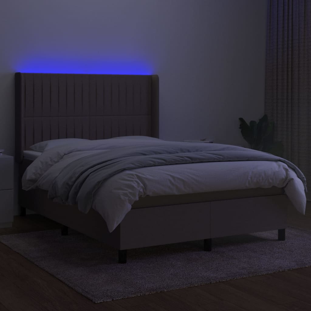 vidaXL Pat cu arcuri, saltea și LED, gri taupe, 140x190 cm, textil vidaXL Pat cu arcuri, saltea și LED, gri taupe, 140x190 cm, textil