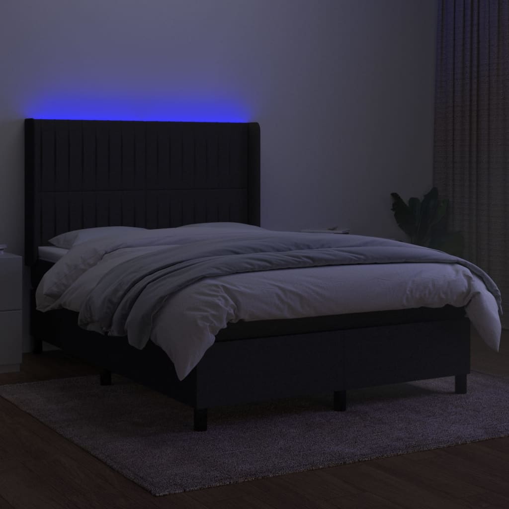 vidaXL Pat cu arcuri, saltea și LED, negru, 140x200 cm, textil vidaXL Pat cu arcuri, saltea și LED, negru, 140x200 cm, textil