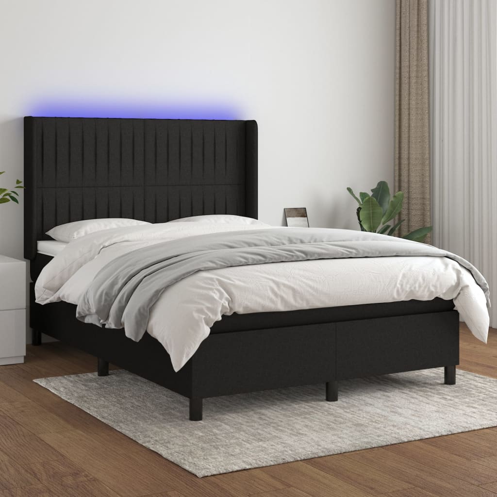 vidaXL Pat cu arcuri, saltea și LED, negru, 140x200 cm, textil vidaXL Pat cu arcuri, saltea și LED, negru, 140x200 cm, textil