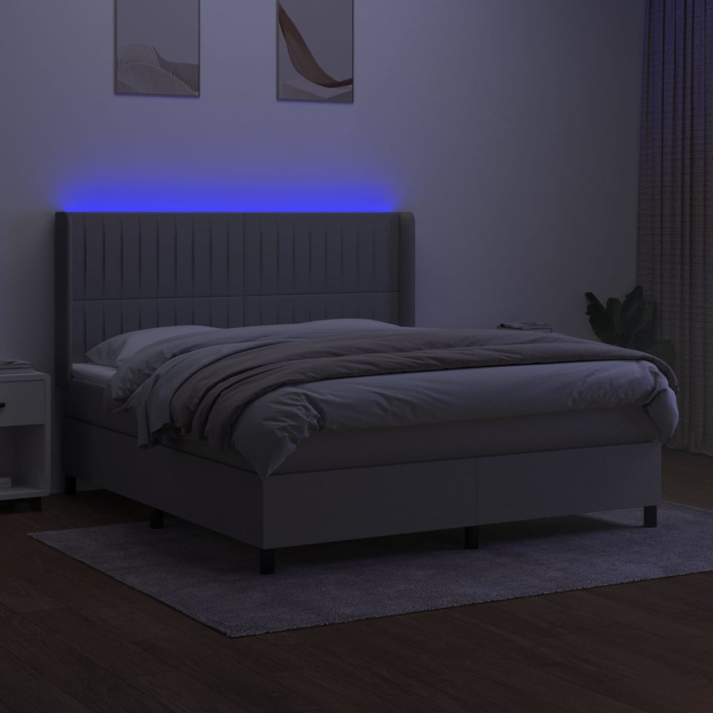 vidaXL Pat cu arcuri, saltea și LED, gri deschis, 180x200 cm, textil