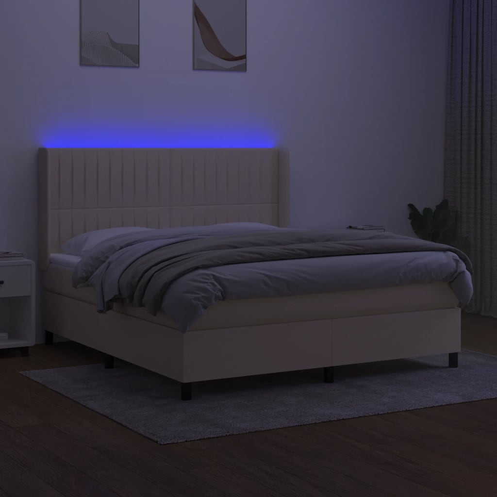 vidaXL Pat cu arcuri, saltea și LED, crem, 180x200 cm, textil