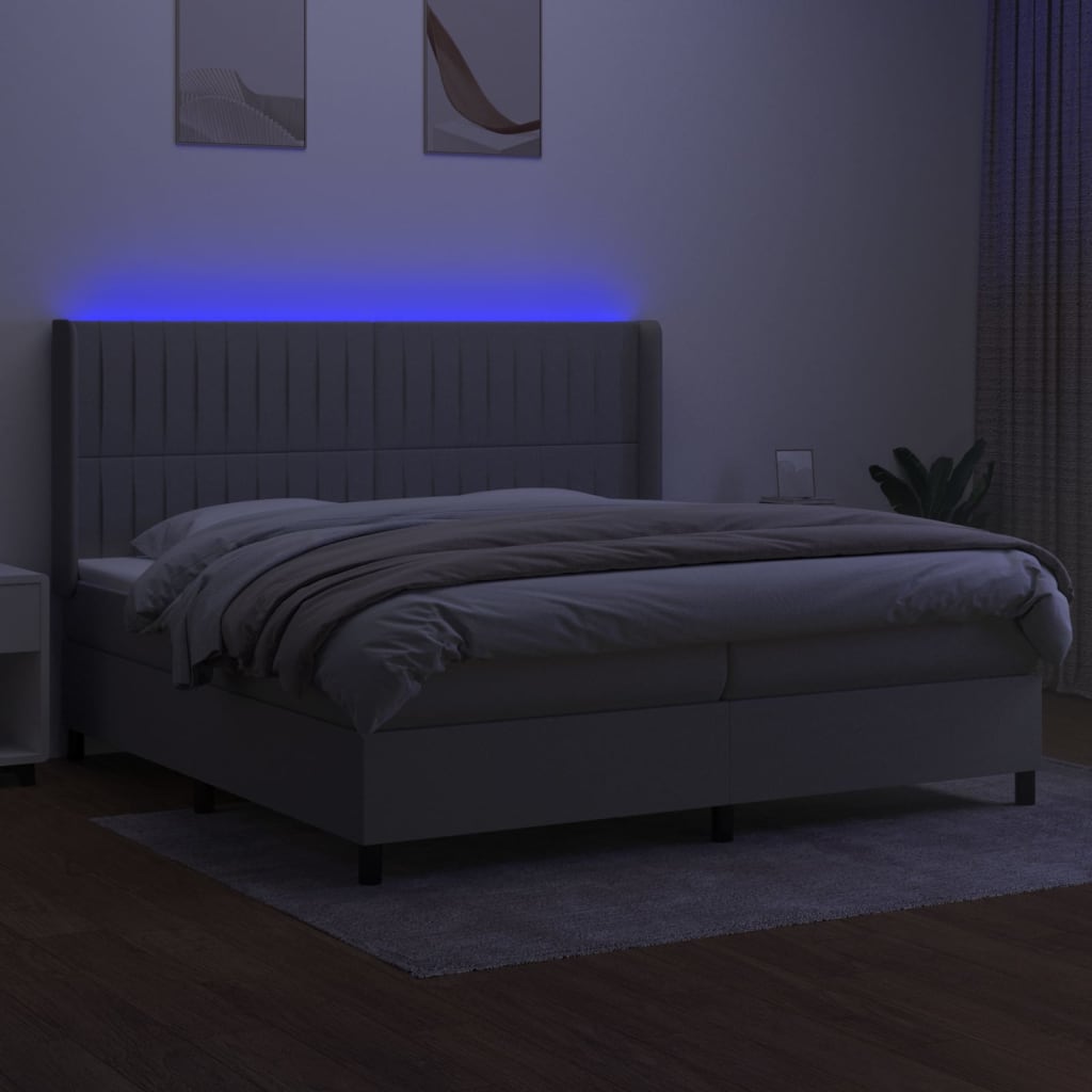 vidaXL Pat cu arcuri, saltea și LED, gri deschis, 200x200 cm, textil