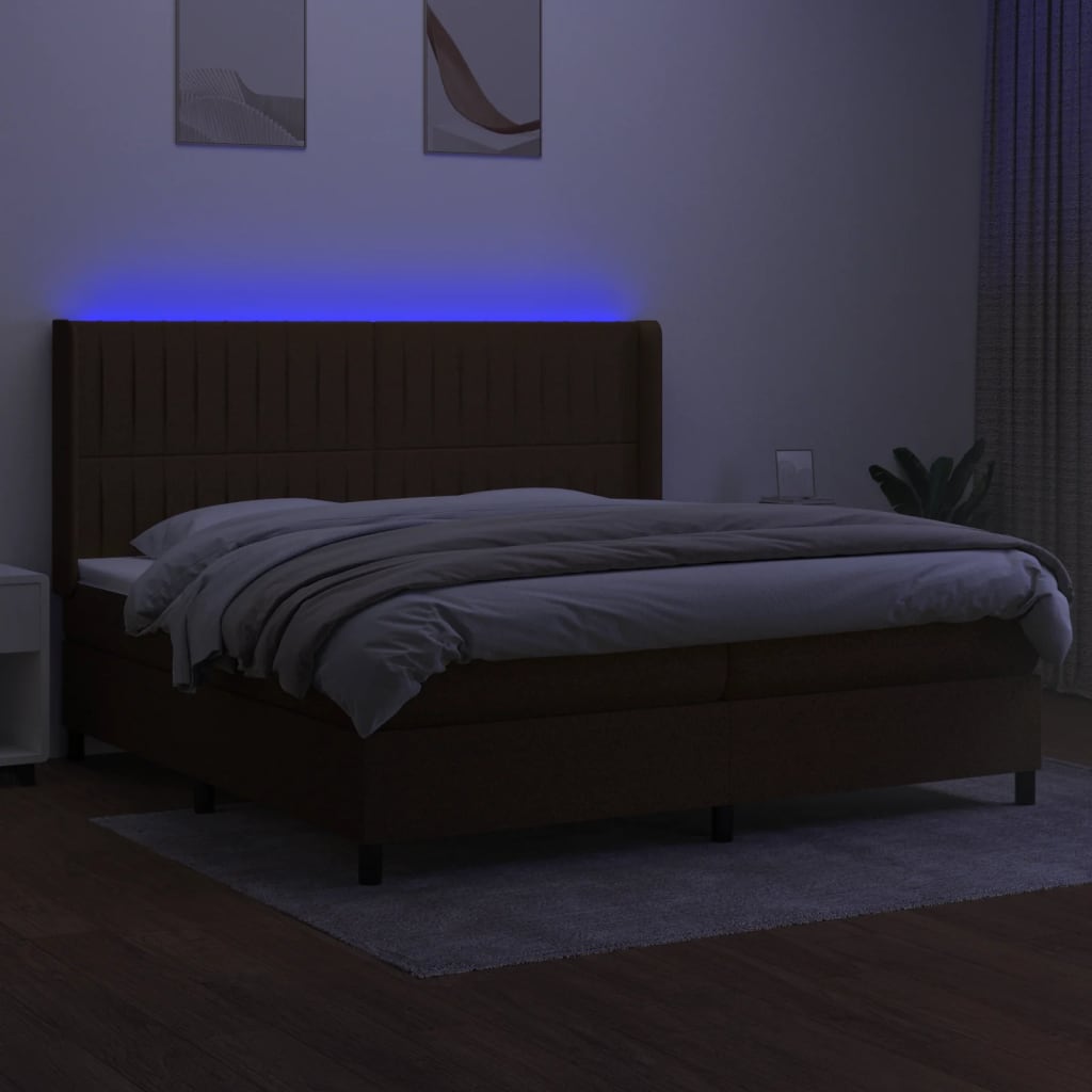 vidaXL Pat cu arcuri, saltea și LED, maro închis, 200x200 cm, textil