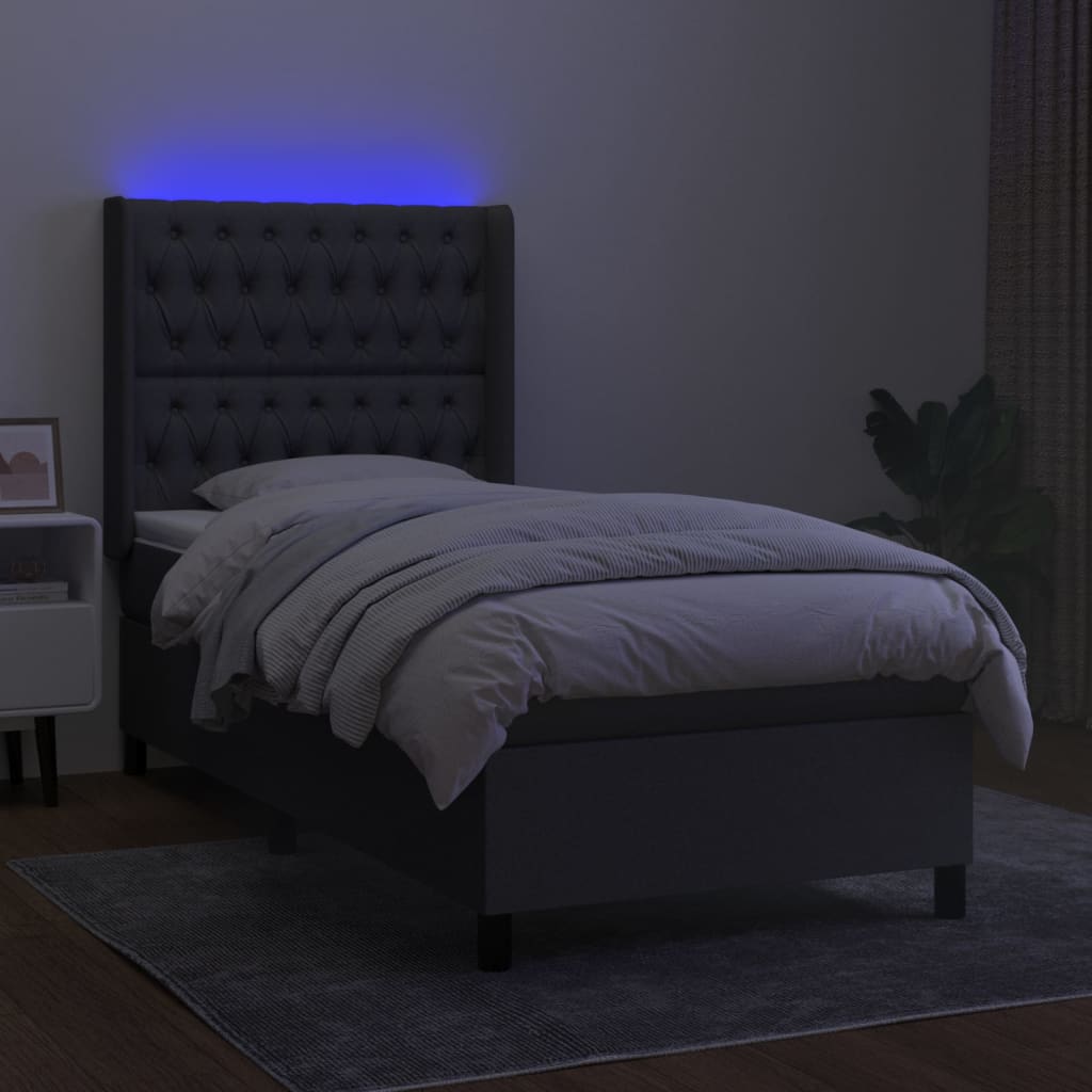 vidaXL Pat cu arcuri, saltea și LED, gri închis, 90x190 cm, textil