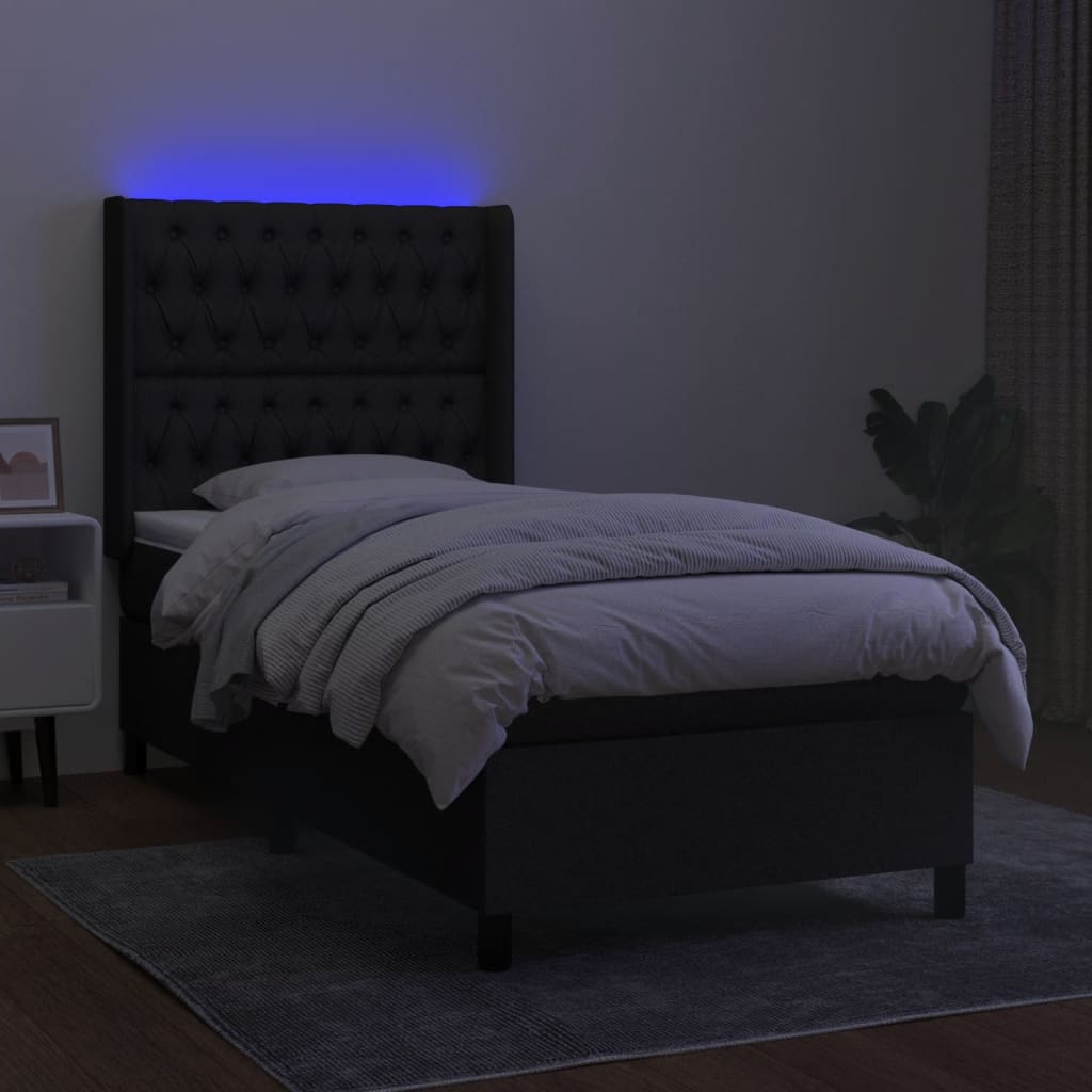 vidaXL Pat cu arcuri, saltea și LED, negru, 90x190 cm, textil