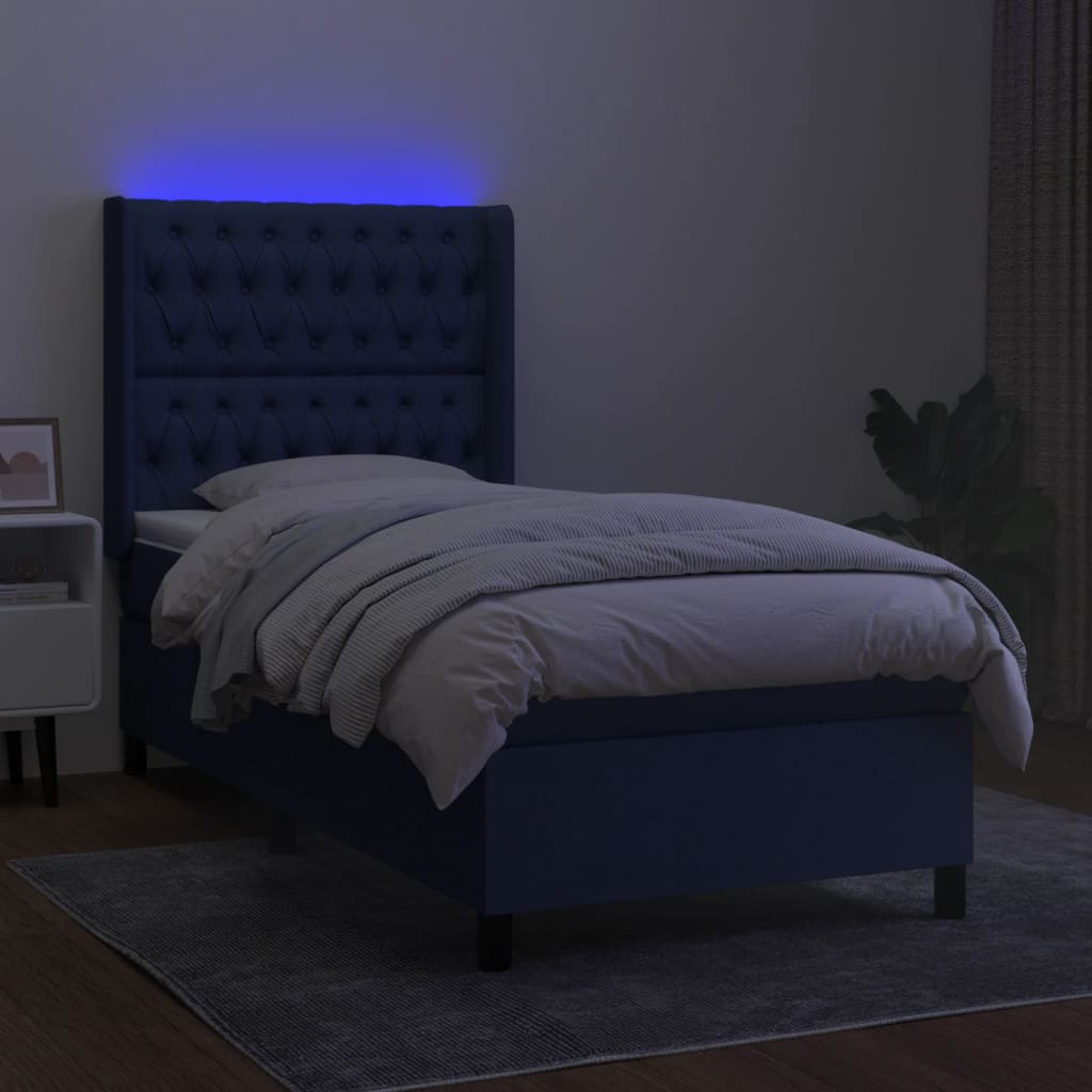 vidaXL Pat cu arcuri, saltea și LED, albastru, 90x190 cm, textil