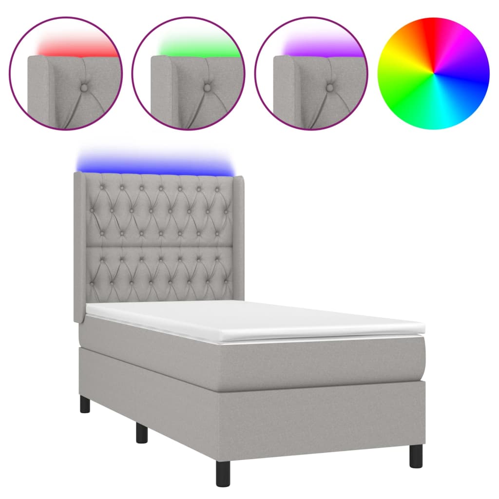 vidaXL Pat cu arcuri, saltea și LED, gri deschis, 90x200 cm, textil vidaXL Pat cu arcuri, saltea și LED, gri deschis, 90x200 cm, textil