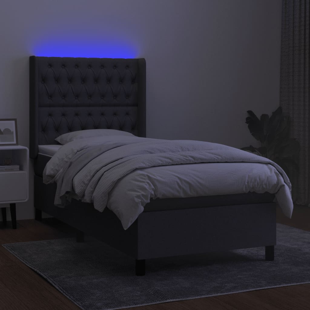 vidaXL Pat cu arcuri, saltea și LED, gri închis, 90x200 cm, textil