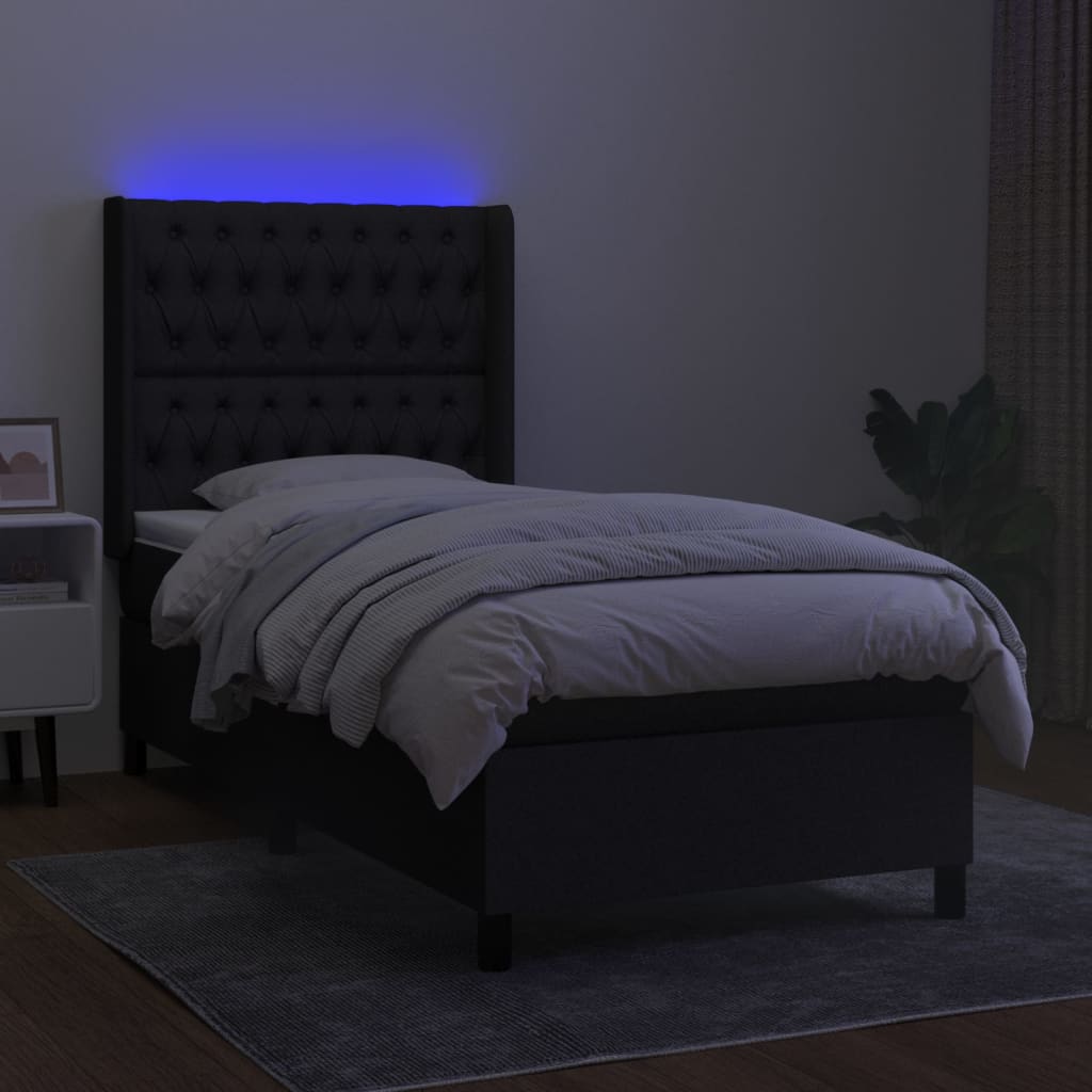 vidaXL Pat cu arcuri, saltea și LED, negru, 90x200 cm, textil