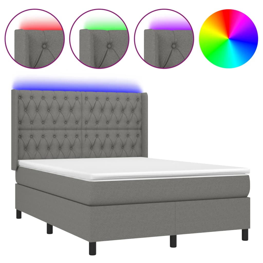 vidaXL Pat cu arcuri, saltea și LED, gri închis, 140x190 cm, textil
