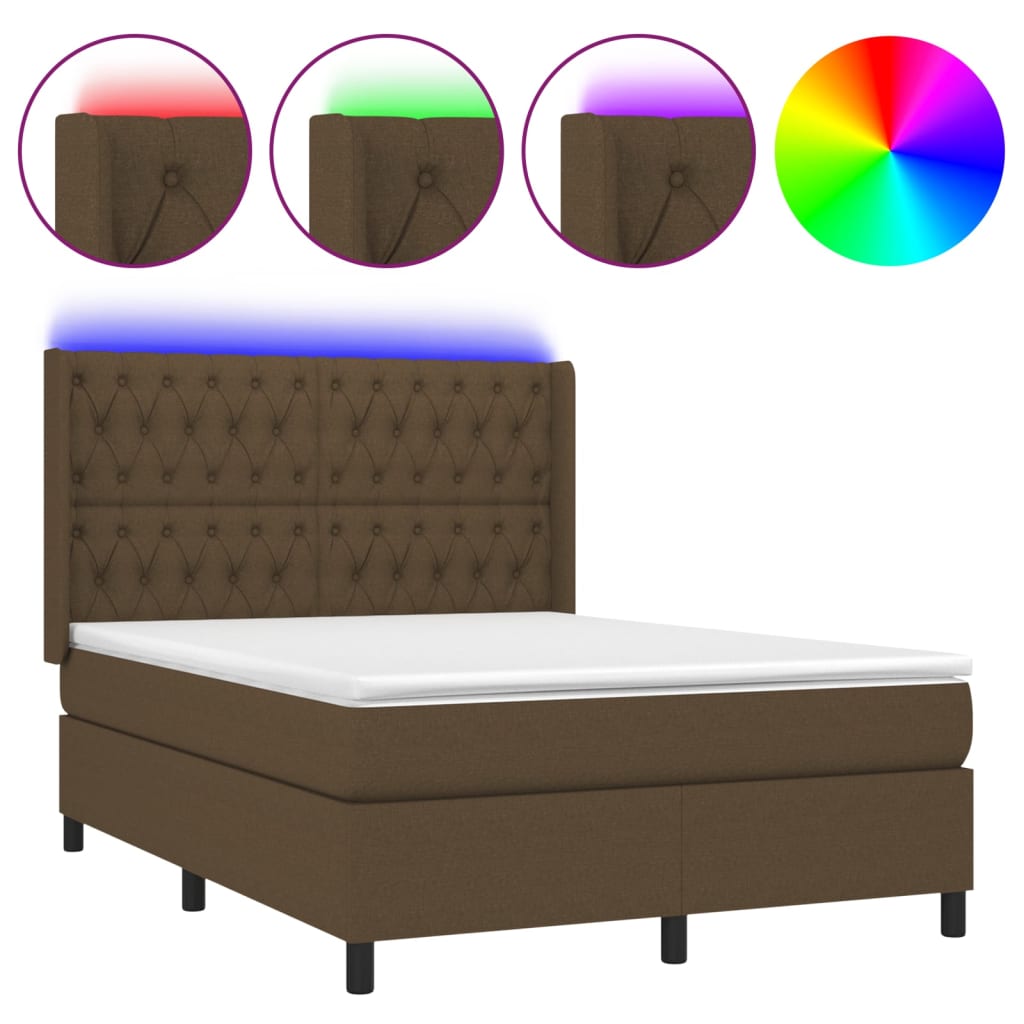 vidaXL Pat cu arcuri, saltea și LED, maro închis, 140x190 cm, textil vidaXL Pat cu arcuri, saltea și LED, maro închis, 140x190 cm, textil
